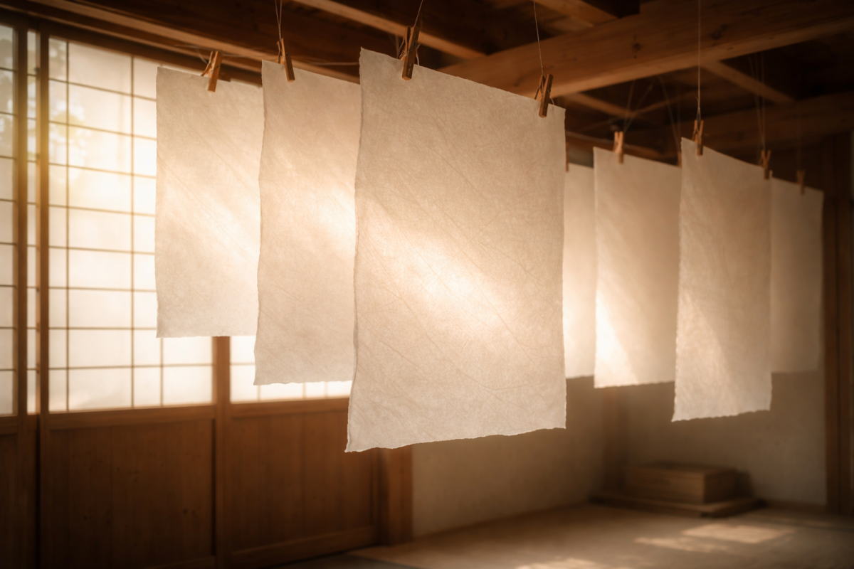光を帯びながら静かに吊るされた和紙